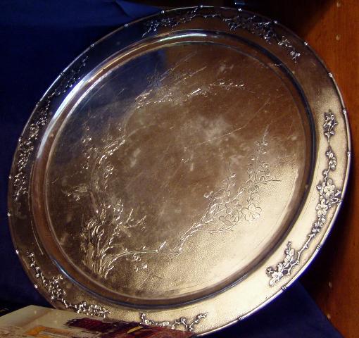 Three button footed tray; prunus decoration