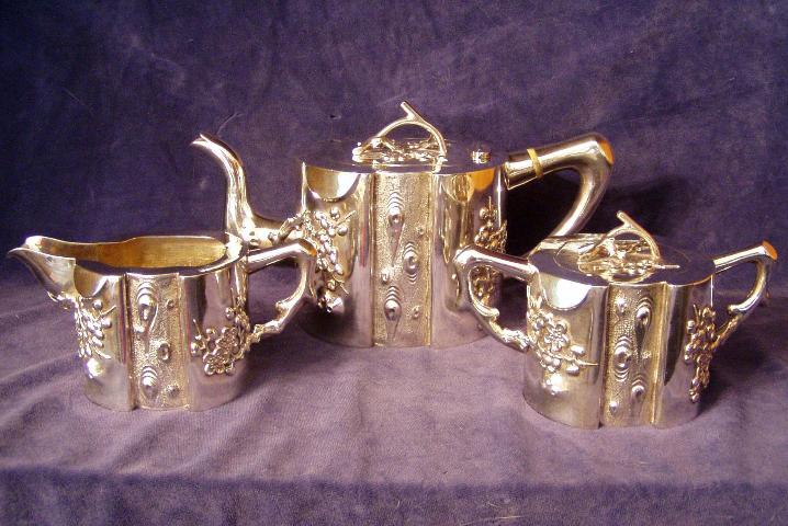Three piece Chinese Export Silver Tea Set with Bamboo Culme motif