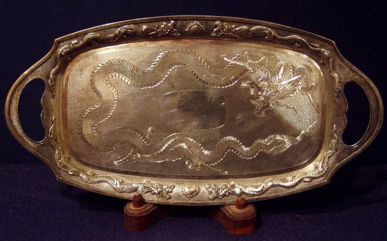 Chinese Export Silver Heavy Oval Salver with Dragon Motif