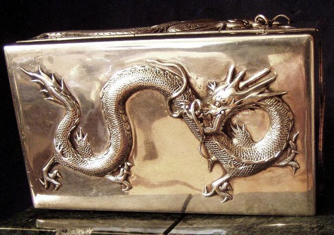 Cigarette Box decorated w/chased three toe'd dragons
